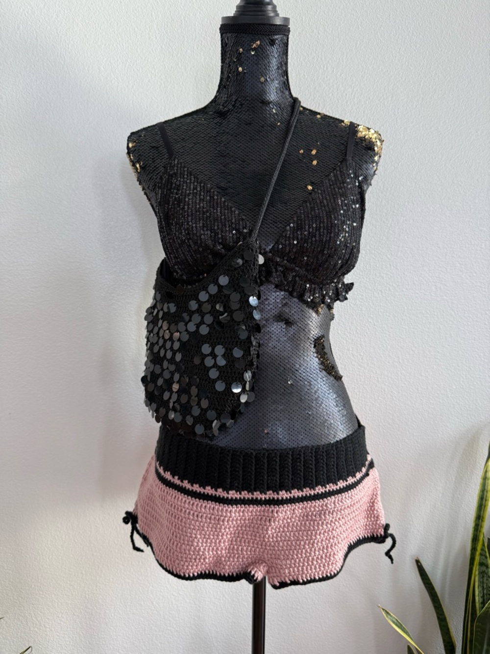 Trending Handmade Crochet Knit Low Rise Shorts in Pink and Black